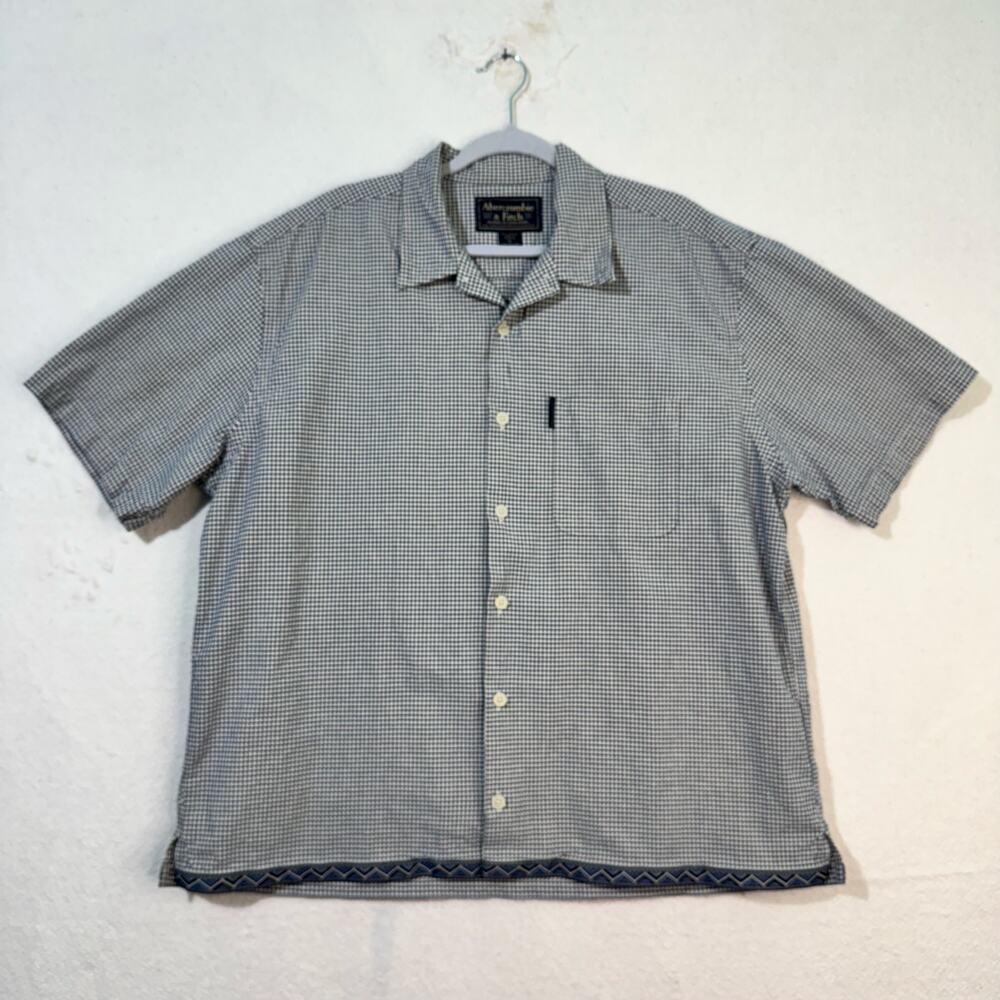 Abercrombie & Fitch Navy/White Gingham Plaid Camp Collar Button-Up Shirt XL 90s